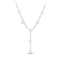 Cultured Pearl & White Lab-Created Sapphire Y-Drop Necklace Sterling Silver 18&quot;