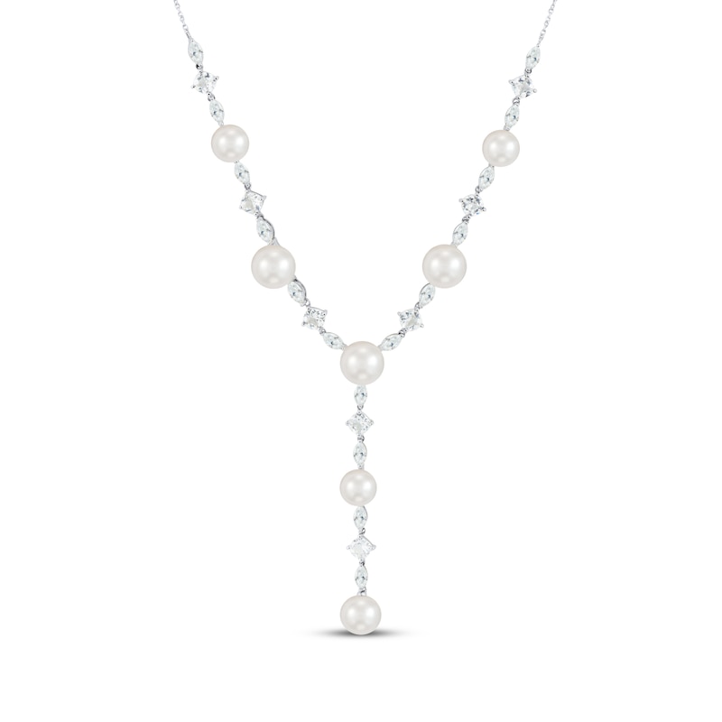 Main Image 1 of Cultured Pearl & White Lab-Created Sapphire Y-Drop Necklace Sterling Silver 18&quot;