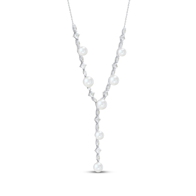 Main Image 2 of Cultured Pearl & White Lab-Created Sapphire Y-Drop Necklace Sterling Silver 18&quot;