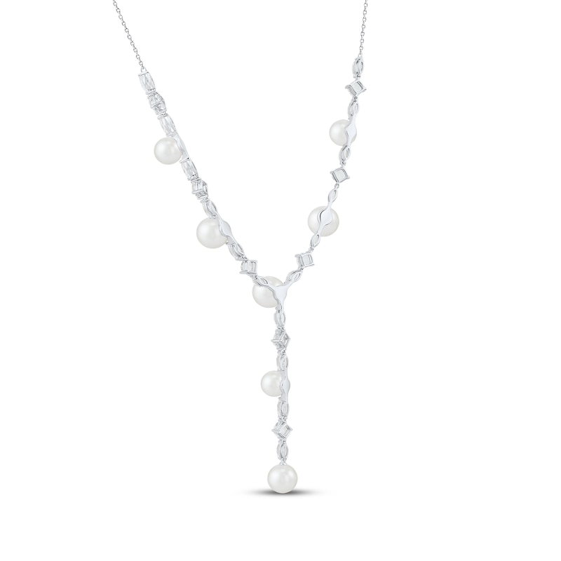 Main Image 3 of Cultured Pearl & White Lab-Created Sapphire Y-Drop Necklace Sterling Silver 18&quot;