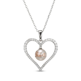 Cultured Pearl & White Lab-Created Sapphire &quot;Love&quot; Heart Necklace Sterling Silver & 10K Rose Gold 18&quot;