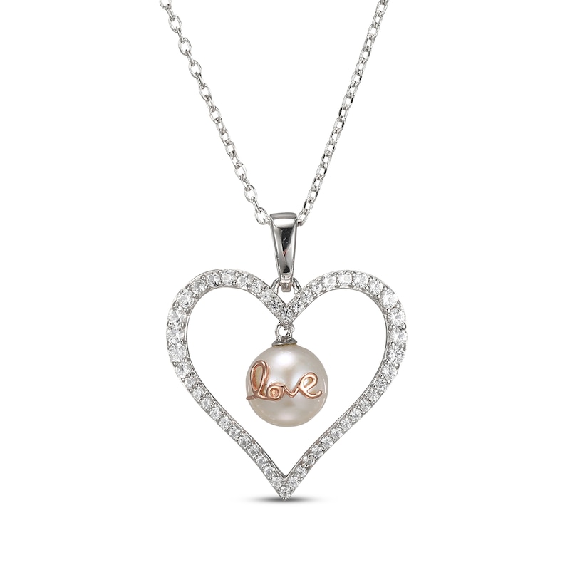 Main Image 1 of Cultured Pearl & White Lab-Created Sapphire &quot;Love&quot; Heart Necklace Sterling Silver & 10K Rose Gold 18&quot;