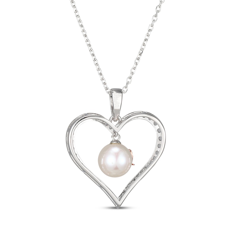 Main Image 3 of Cultured Pearl & White Lab-Created Sapphire &quot;Love&quot; Heart Necklace Sterling Silver & 10K Rose Gold 18&quot;