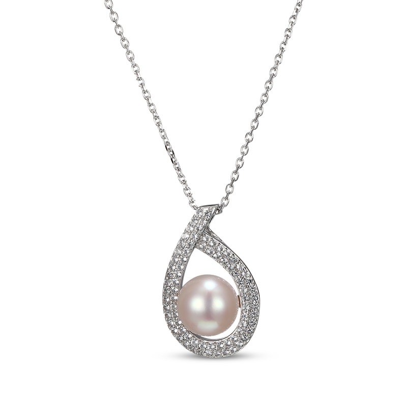 Main Image 1 of Cultured Pearl & White Lab-Created Sapphire Teardrop Necklace Sterling Silver 18&quot;