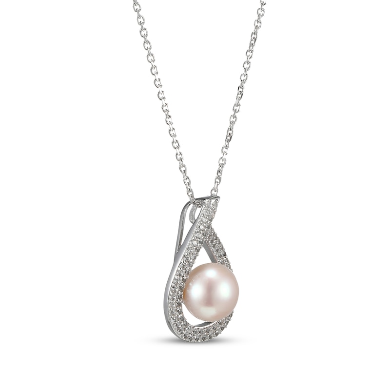 Main Image 2 of Cultured Pearl & White Lab-Created Sapphire Teardrop Necklace Sterling Silver 18&quot;