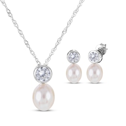 Cultured Pearl & White Lab-Created Sapphire Gift Set Sterling Silver