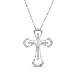 Cultured Pearl & White Lab-Created Sapphire Double Cross Necklace Sterling Silver 18&quot;