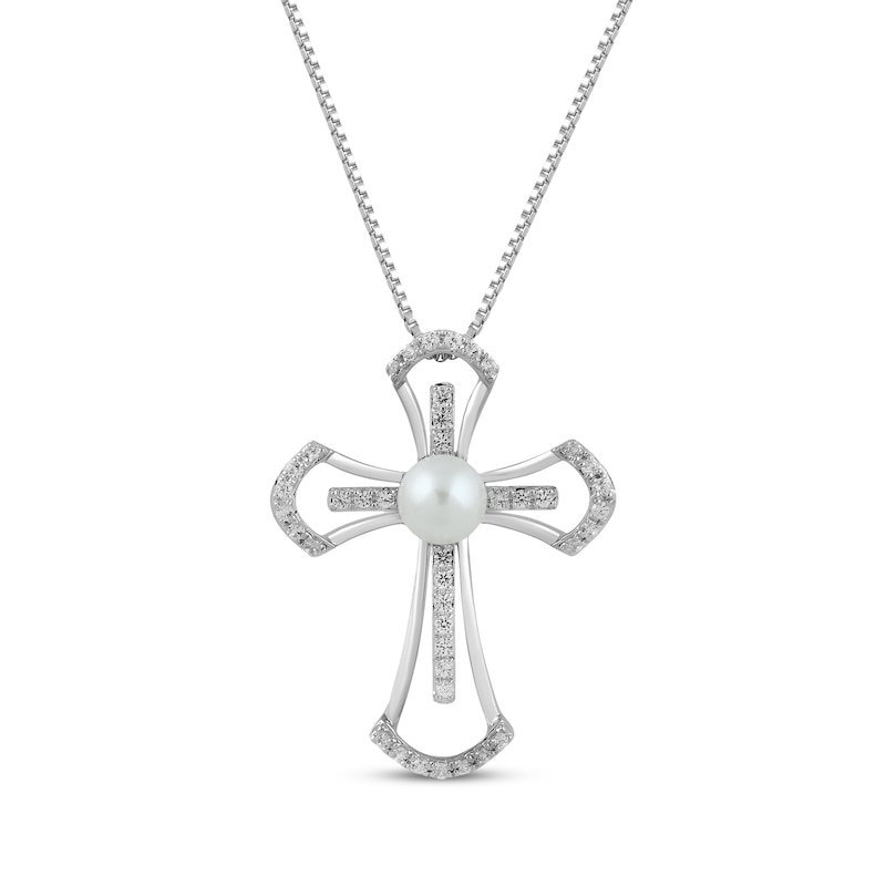 Main Image 1 of Cultured Pearl & White Lab-Created Sapphire Double Cross Necklace Sterling Silver 18&quot;