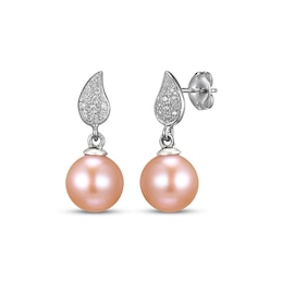 Pink Cultured Pearl & White Lab-Created Sapphire Earrings Sterling Silver