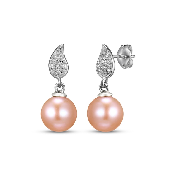 Pink Cultured Pearl & White Lab-Created Sapphire Earrings Sterling Silver