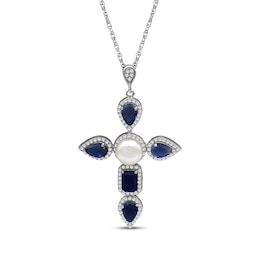 Pear-Shaped & Emerald-Cut Blue Lab-Created Sapphire, Cultured Pearl, White Lab-Created Sapphire Necklace Sterling Silver 18&quot;