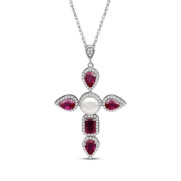 Pear-Shaped & Emerald-Cut Lab-Created Ruby, Cultured Pearl, White Lab-Created Sapphire Necklace Sterling Silver 18&quot;