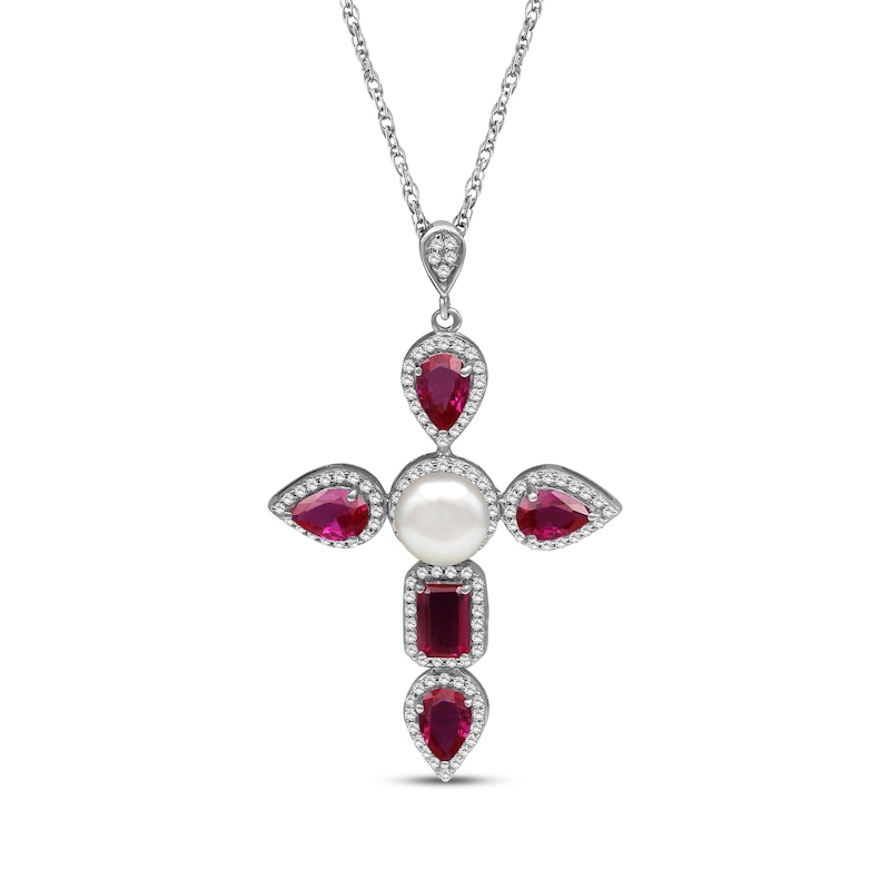 Main Image 1 of Pear-Shaped & Emerald-Cut Lab-Created Ruby, Cultured Pearl, White Lab-Created Sapphire Necklace Sterling Silver 18&quot;