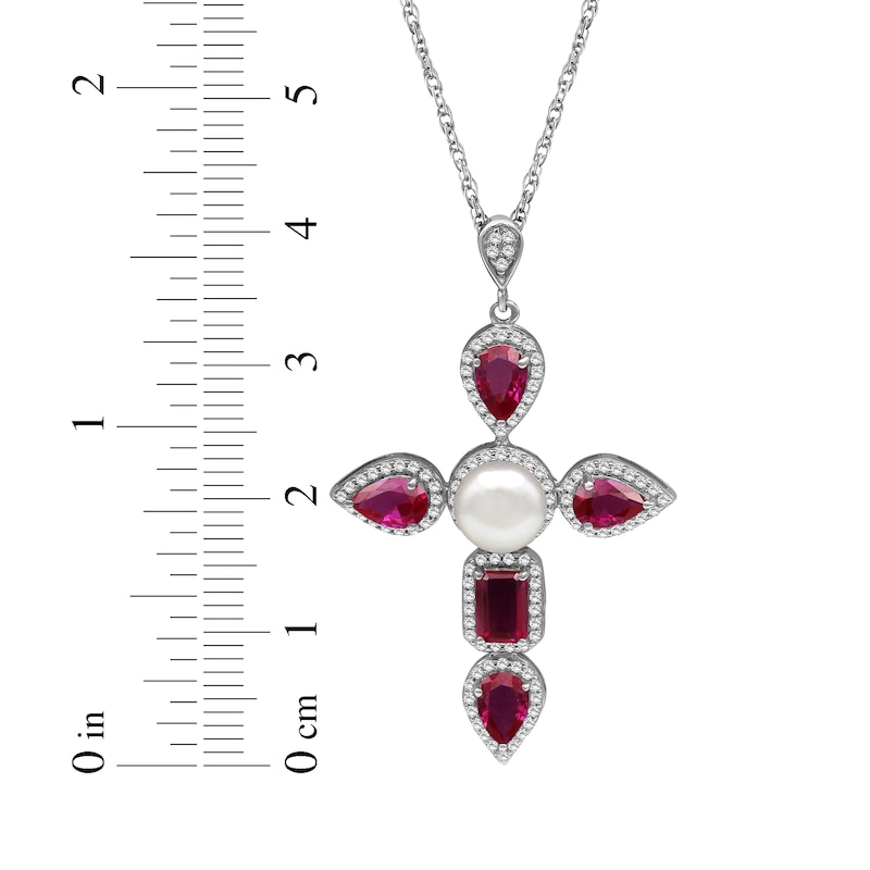 Main Image 4 of Pear-Shaped & Emerald-Cut Lab-Created Ruby, Cultured Pearl, White Lab-Created Sapphire Necklace Sterling Silver 18&quot;