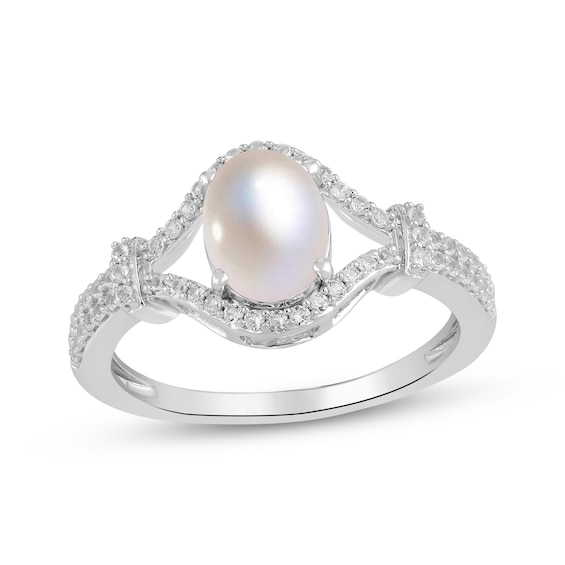 Oval-Shaped Cultured Pearl & White Lab-Created Sapphire Ring Sterling Silver