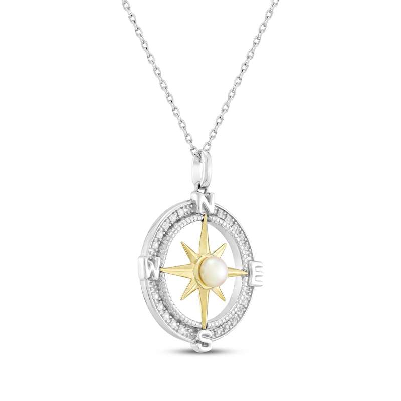 Main Image 2 of Cultured Pearl & White Lab-Created Sapphire Compass Necklace Sterling Silver & 10K Yellow Gold 18&quot;