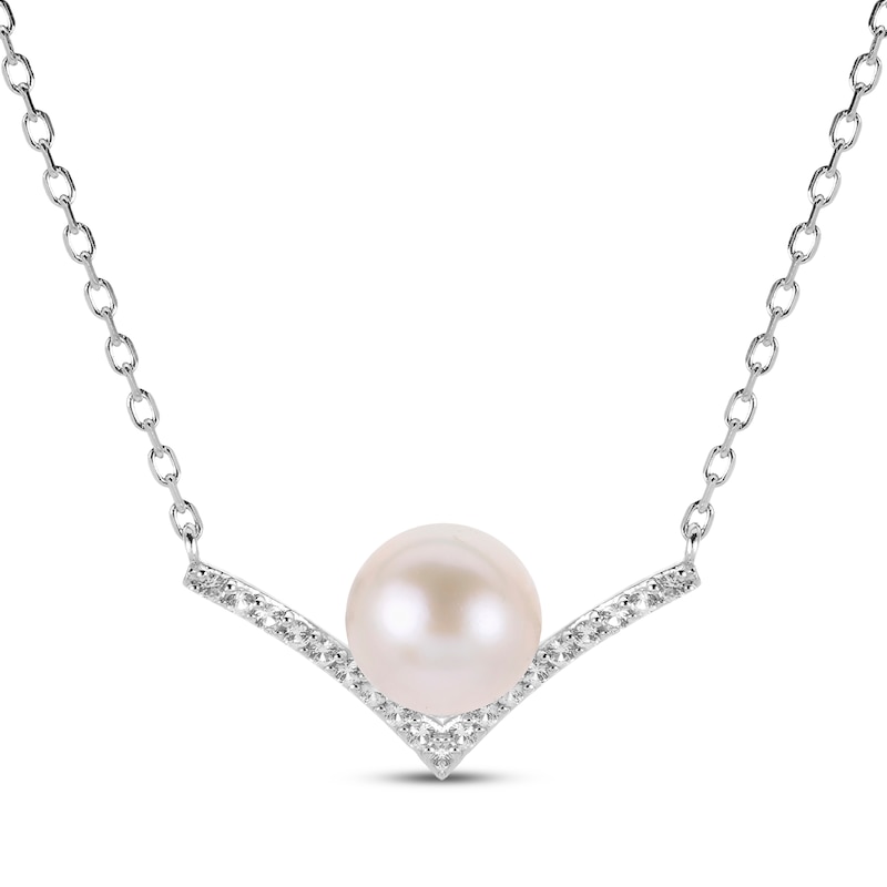 Main Image 1 of Cultured Pearl & White Lab-Created Sapphire Cheveron Necklace Sterling Silver 18&quot;