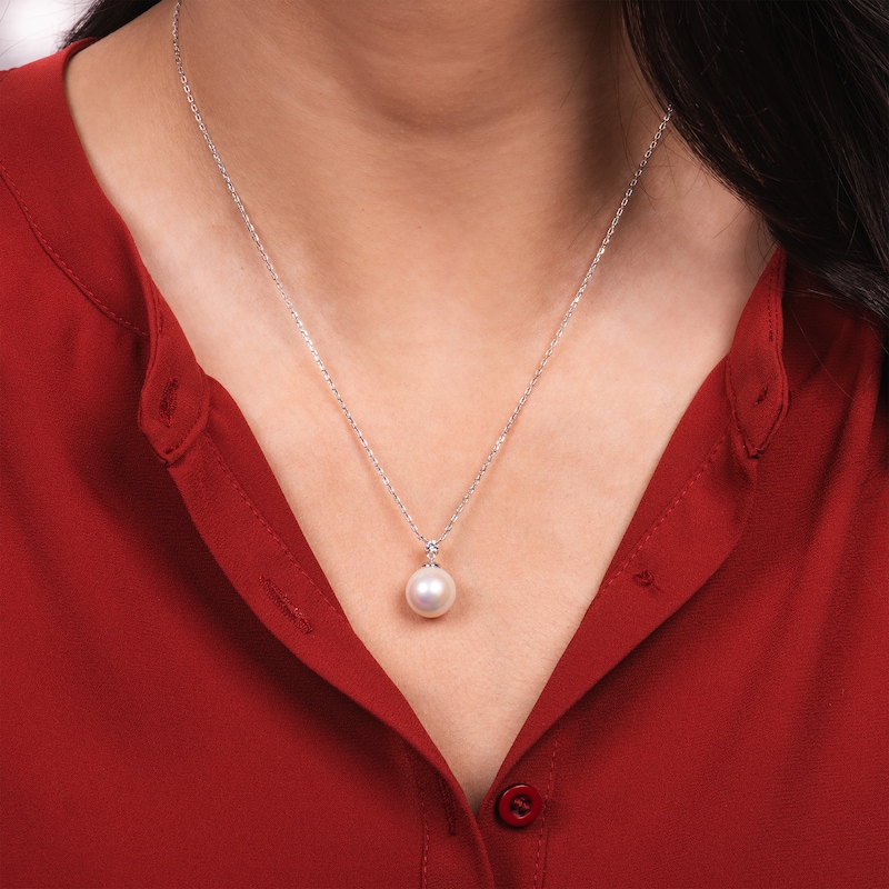 Main Image 3 of Cultured Pearl & White Lab-Created Sapphire Necklace Sterling Silver 18&quot;