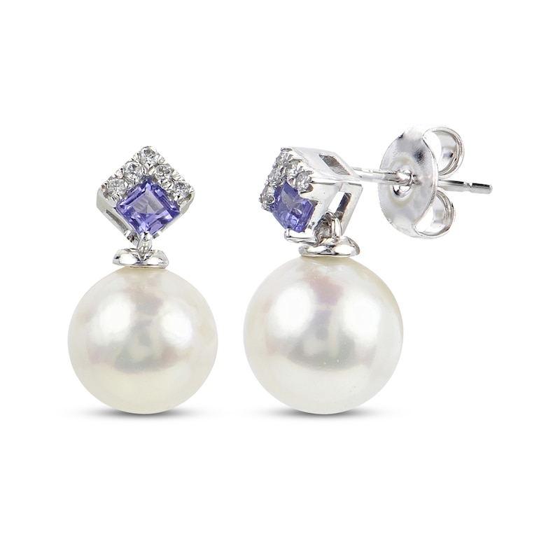Cultured Pearl, Tanzanite & Diamond Drop Earrings 1/15 ct tw 14K White Gold