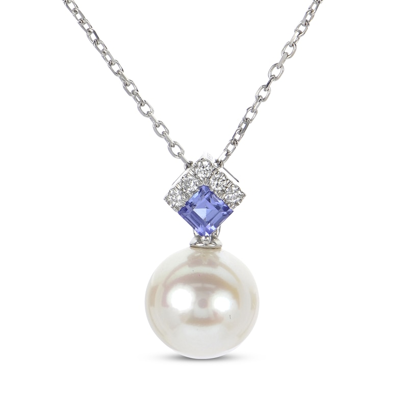Cultured Pearl, Tanzanite & Round-Cut Diamond Necklace 1/20 ct tw 14K White Gold 18"