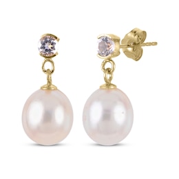 Cultured Pearl & White Topaz Dangle Earrings 10K Yellow Gold