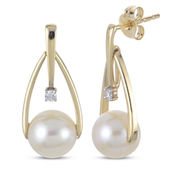 Cultured Pearl & Diamond Accent Teardrop Doorknocker Earrings 14K Yellow Gold