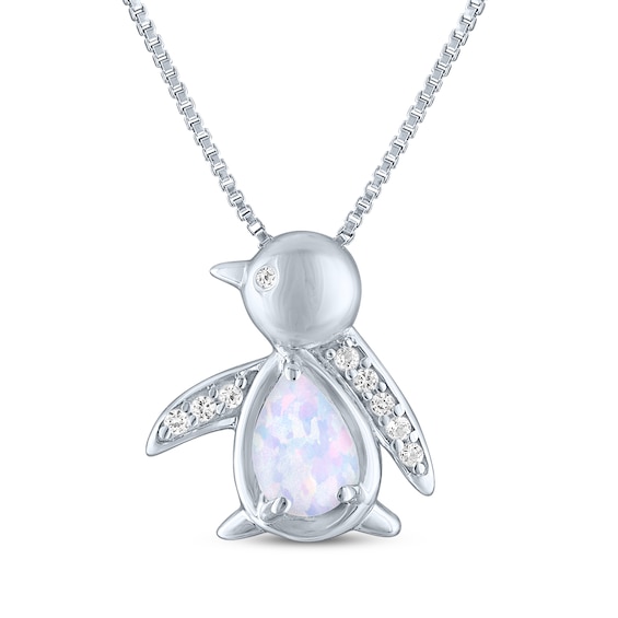 Pear-Shaped Lab-Created Opal & White Lab-Created Sapphire Penguin Necklace Sterling Silver 18"