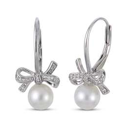 Cultured Pearl & White Lab-Created Sapphire Bow Drop Earrings Sterling Silver