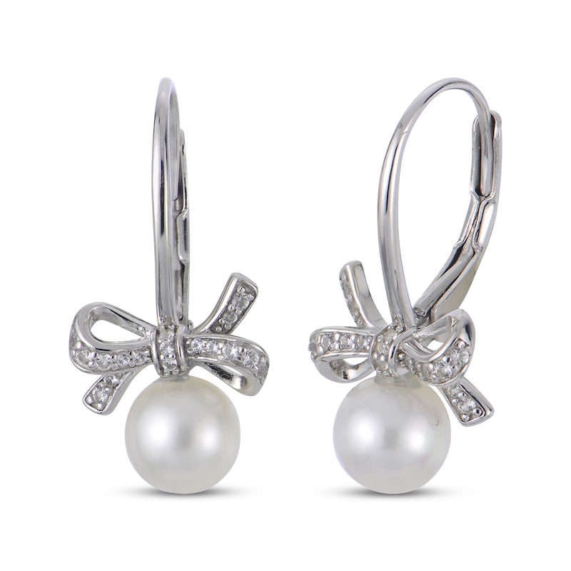 Main Image 1 of Cultured Pearl & White Lab-Created Sapphire Bow Drop Earrings Sterling Silver