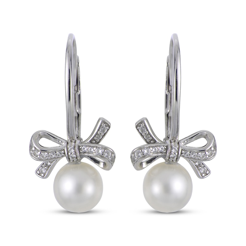 Main Image 2 of Cultured Pearl & White Lab-Created Sapphire Bow Drop Earrings Sterling Silver