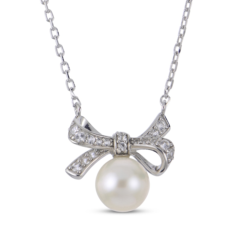 Main Image 1 of Cultured Pearl & White Lab-Created Sapphire Bow Necklace Sterling Silver 18&quot;