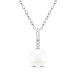 Cultured Pearl & White Lab-Created Sapphire Necklace Sterling Silver 18&quot;