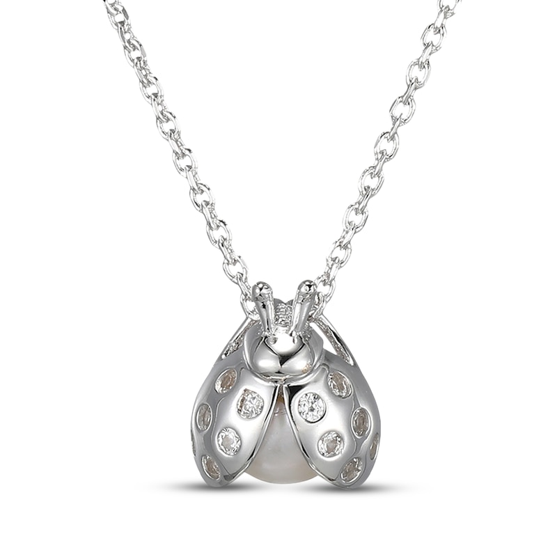 Main Image 1 of Cultured Pearl & White Lab-Created Sapphire Ladybug Necklace Sterling Silver 18&quot;