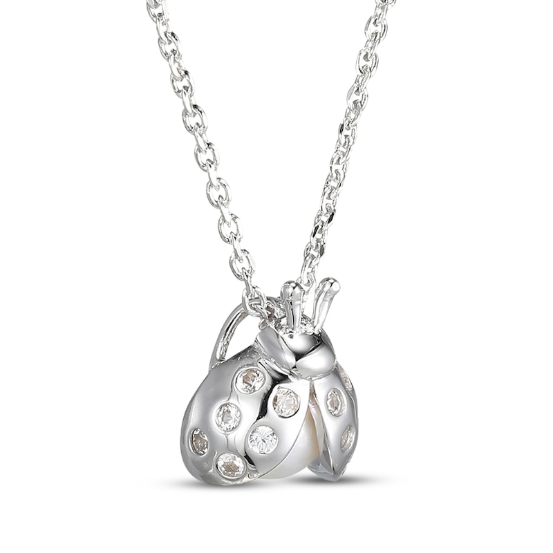 Main Image 2 of Cultured Pearl & White Lab-Created Sapphire Ladybug Necklace Sterling Silver 18&quot;