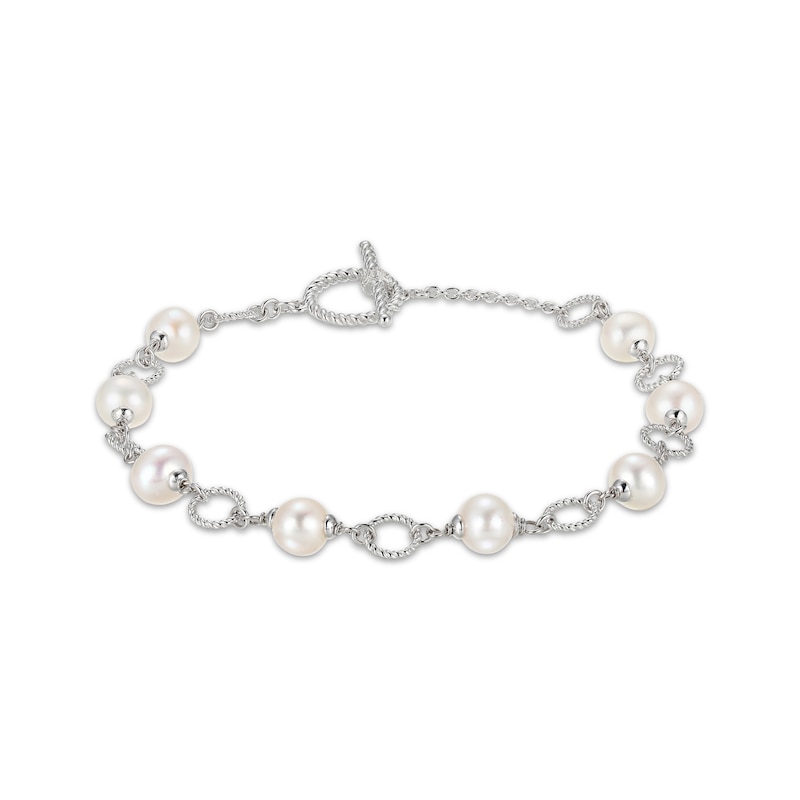 Main Image 1 of Cultured Pearl & White Lab-Created Sapphire Bracelet Sterling Silver 7.25&quot;