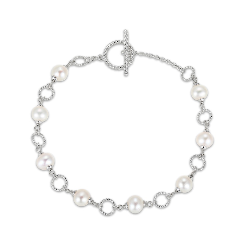 Main Image 2 of Cultured Pearl & White Lab-Created Sapphire Bracelet Sterling Silver 7.25&quot;