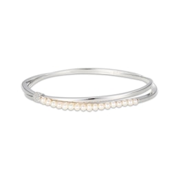 Cultured Pearl & White Lab-Created Sapphire Crossover Bangle Bracelet Sterling Silver