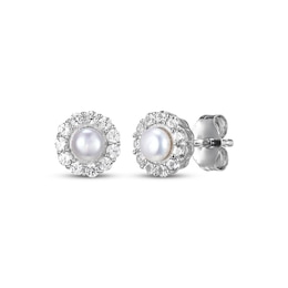 Cultured Pearl & White Lab-Created Sapphire Earrings Stud Sterling Silver