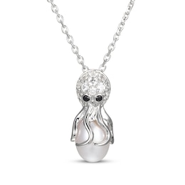 Cultured Pearl, White Lab-Created Sapphire & Black Sapphire Octopus Necklace Sterling Silver 18&quot;