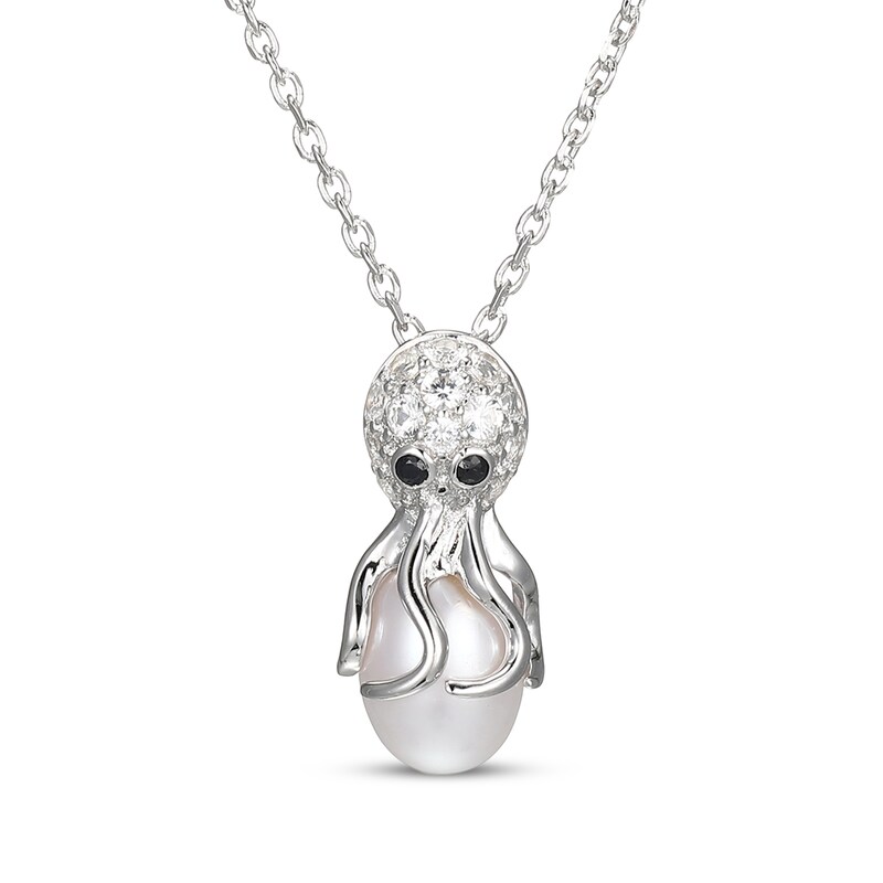 Main Image 1 of Cultured Pearl, White Lab-Created Sapphire & Black Sapphire Octopus Necklace Sterling Silver 18&quot;