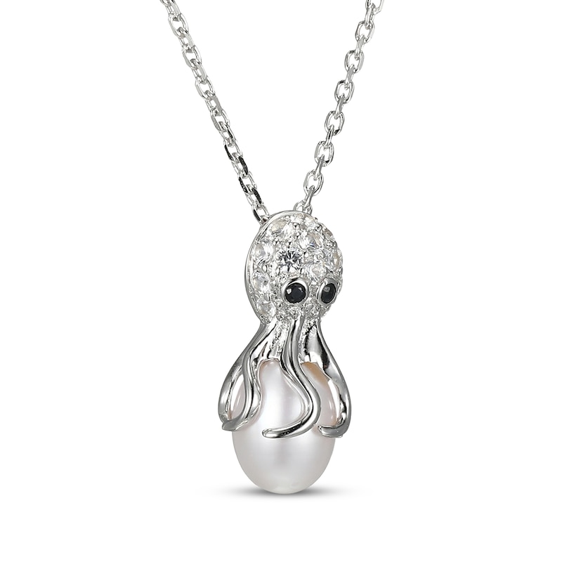 Main Image 2 of Cultured Pearl, White Lab-Created Sapphire & Black Sapphire Octopus Necklace Sterling Silver 18&quot;