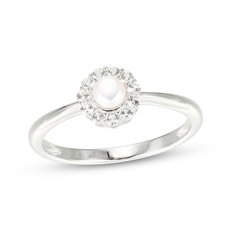 Main Image 1 of Cultured Pearl & White Lab-Created Sapphire Halo Ring Sterling Silver