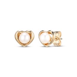 Cultured Pearl Heart Stud Earrings 10K Yellow Gold