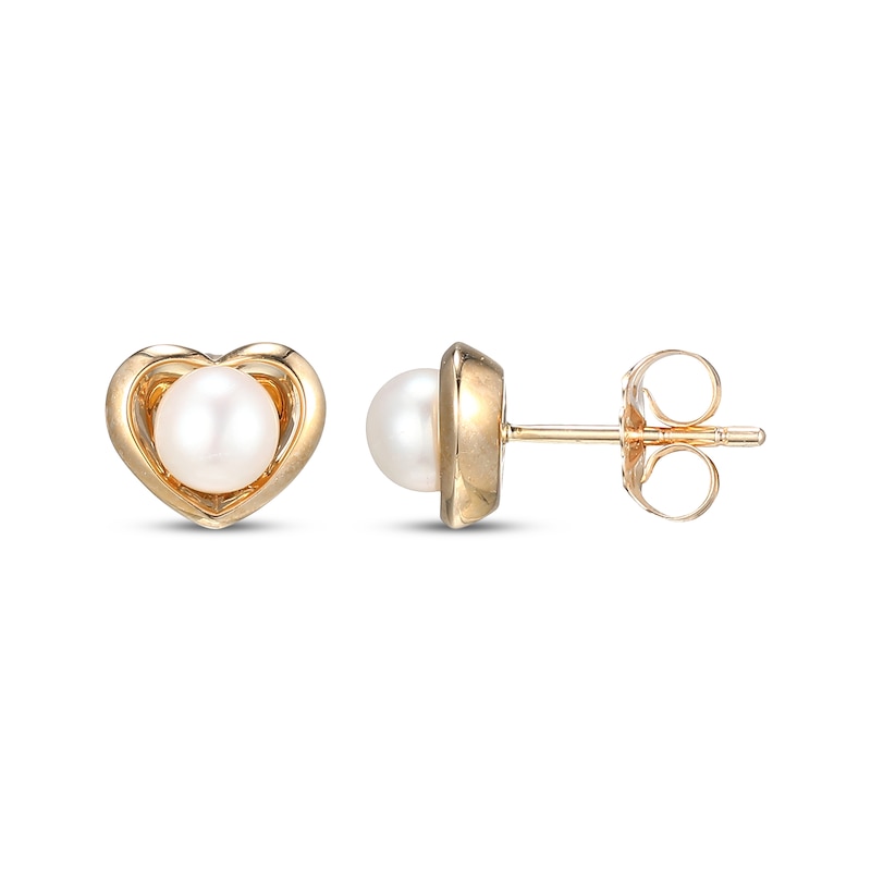 Main Image 3 of Cultured Pearl Heart Stud Earrings 10K Yellow Gold