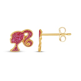 Children's Barbie Silhouette Pink Glitter Stud Earrings 14K Yellow Gold