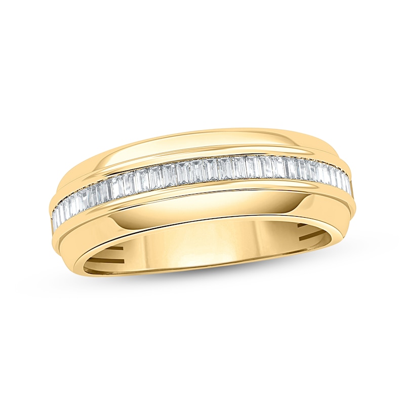 Main Image 1 of Men's Baguette-Cut Diamond Channel Fashion Ring 1/2 ct tw 10K Yellow Gold