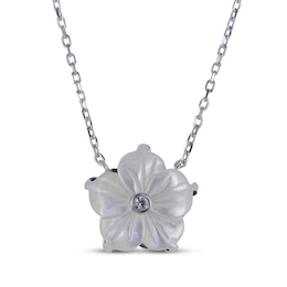 White Lab-Created Sapphire & Mother-of-Pearl Flower Necklace Sterling Silver 18&quot;