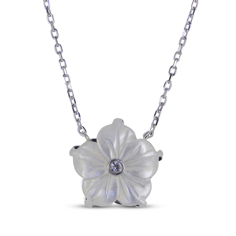 White Lab-Created Sapphire & Mother-of-Pearl Flower Necklace Sterling Silver 18"