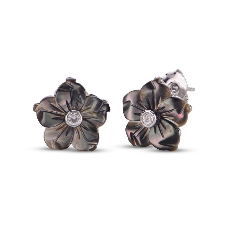 Main Image 1 of Black Mother-of-Pearl & White Lab-Created Sapphire Flower Stud Earrings Sterling Silver