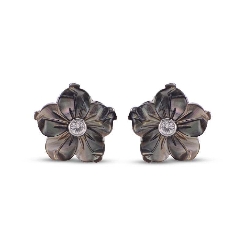 Main Image 2 of Black Mother-of-Pearl & White Lab-Created Sapphire Flower Stud Earrings Sterling Silver